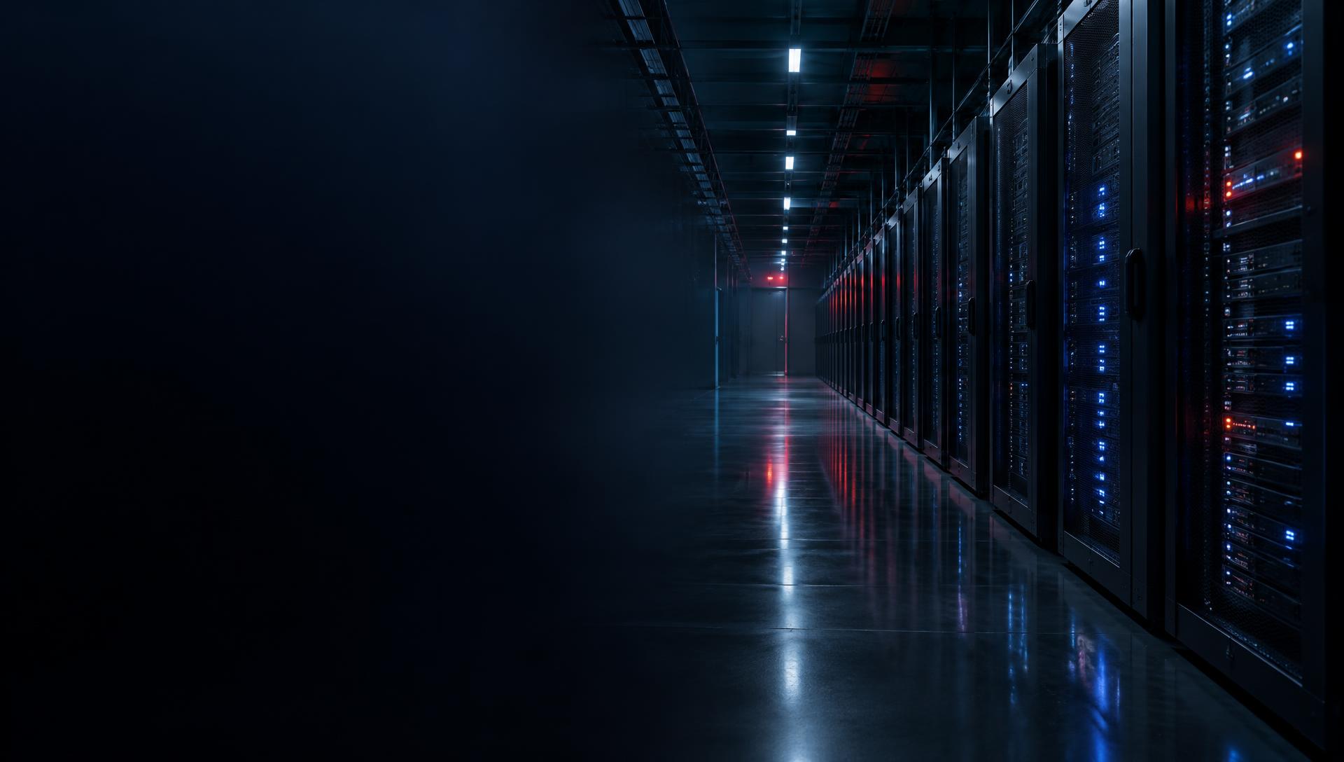 A dark, modern data-centre corridor with racks of glowing servers